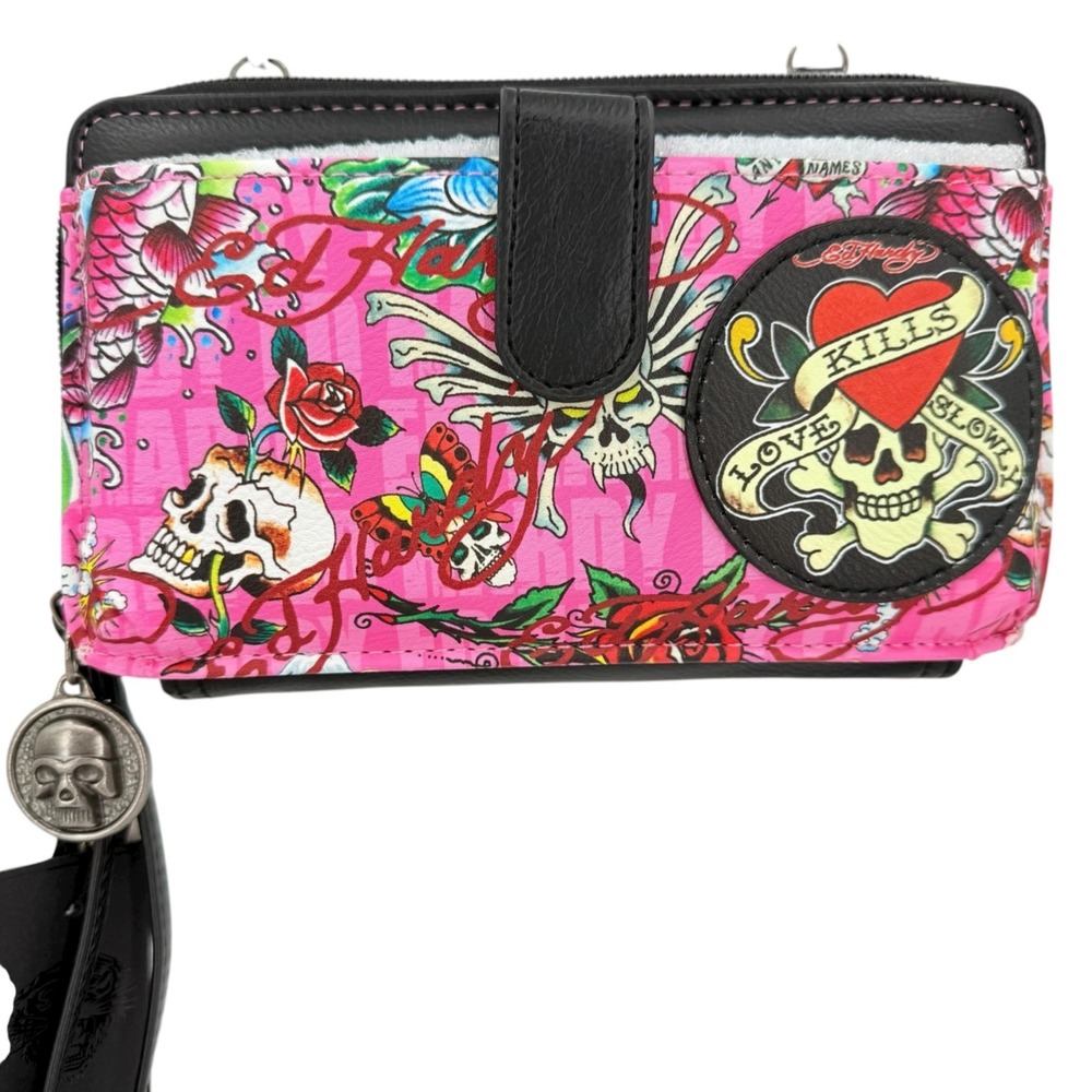 Ed Hardy Women's Crossbody Wallet With Strap Pink Tattoo Print Vegan Leather NWT